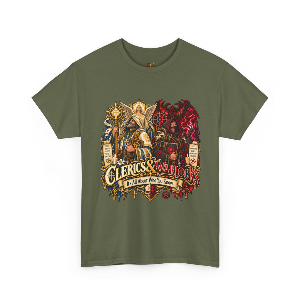 Clerics & Warlocks T-Shirt – Funny Fantasy RPG Gamer Tee | It’s All About Who You Know