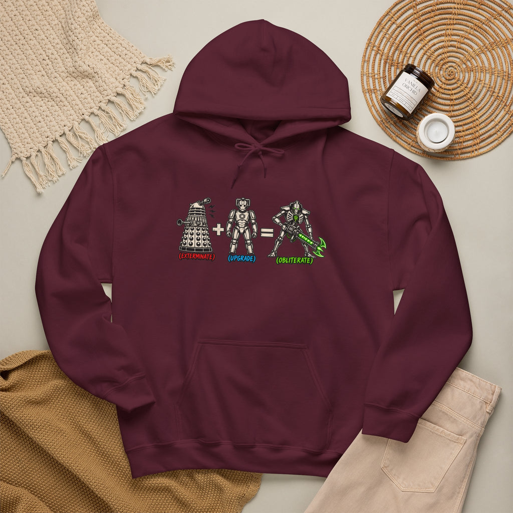 Sci-Fi Math Hoodie | Exterminate + Upgrade = Obliterate Graphic Doctor Who and Warhammer Necron Pullover