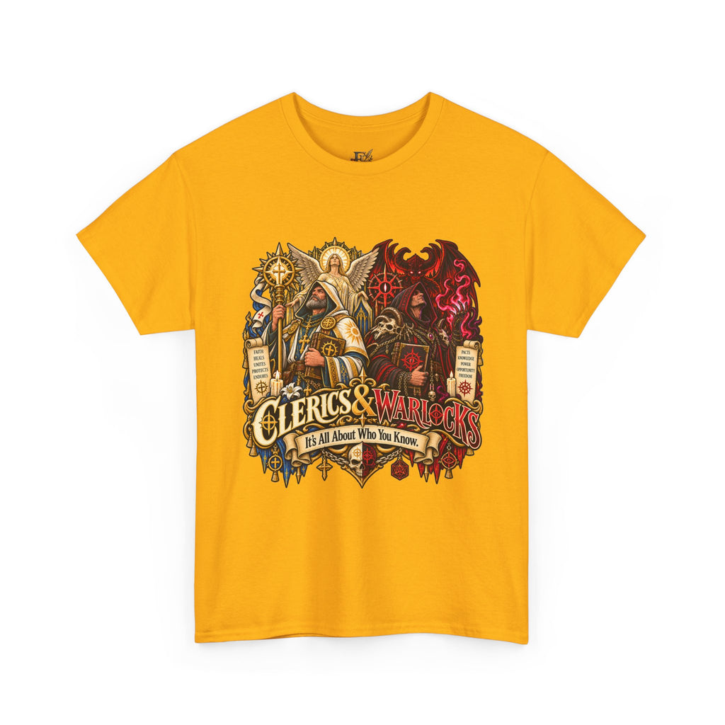 Clerics & Warlocks T-Shirt – Funny Fantasy RPG Gamer Tee | It’s All About Who You Know