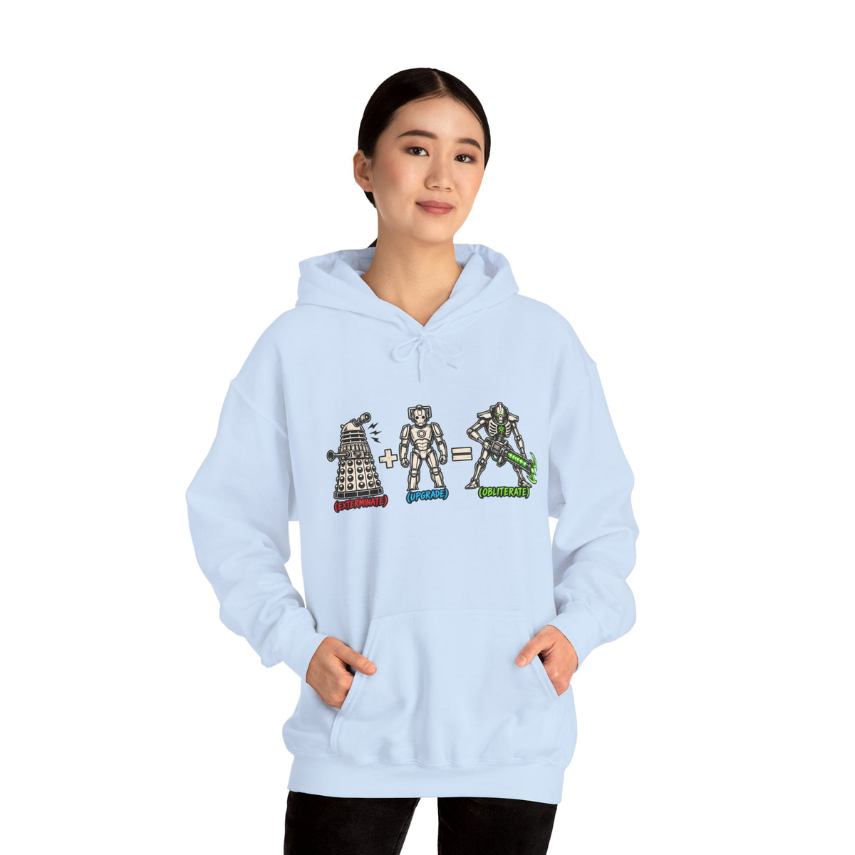 Sci-Fi Math Hoodie | Exterminate + Upgrade = Obliterate Graphic Doctor Who and Warhammer Necron Pullover