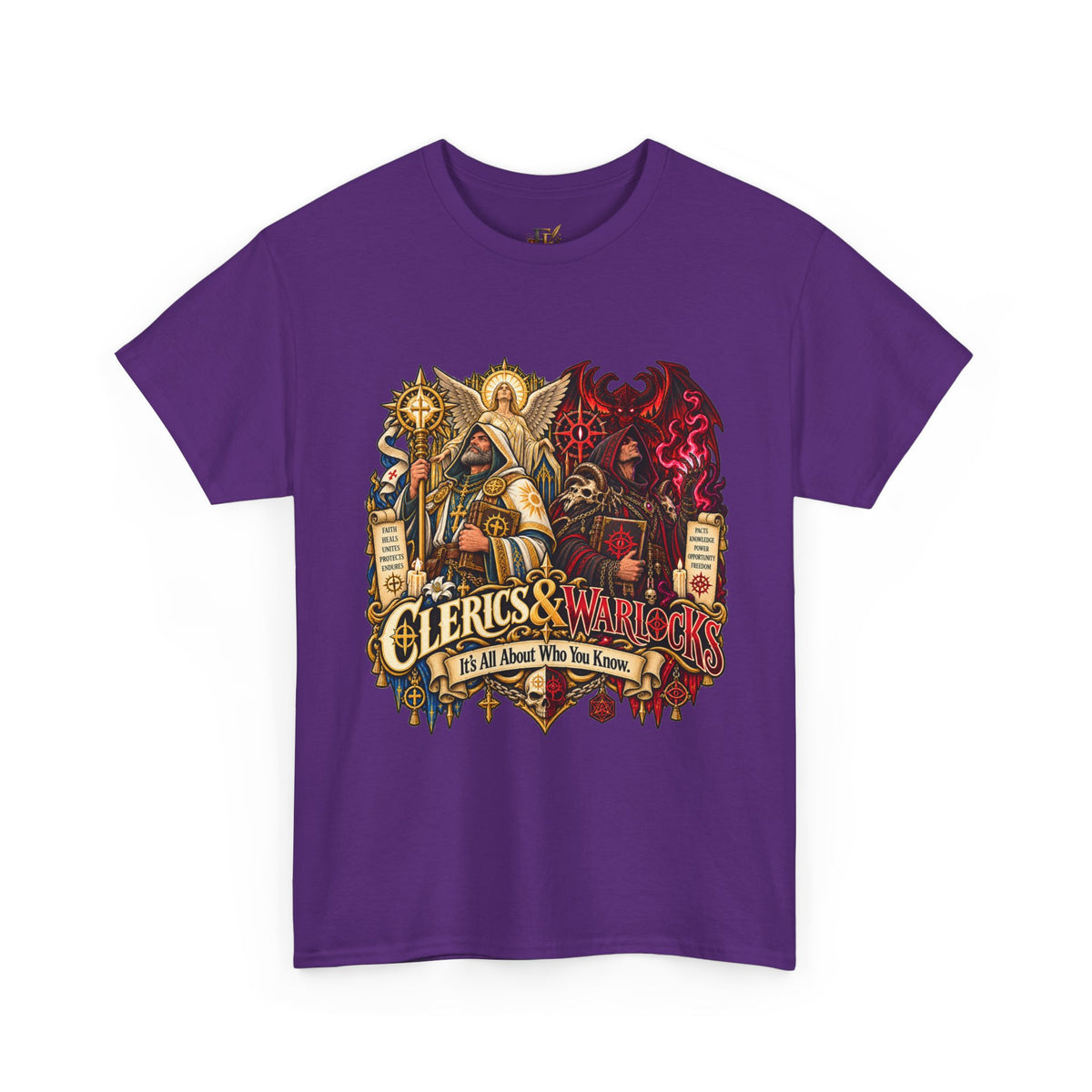 Clerics & Warlocks T-Shirt – Funny Fantasy RPG Gamer Tee | It’s All About Who You Know