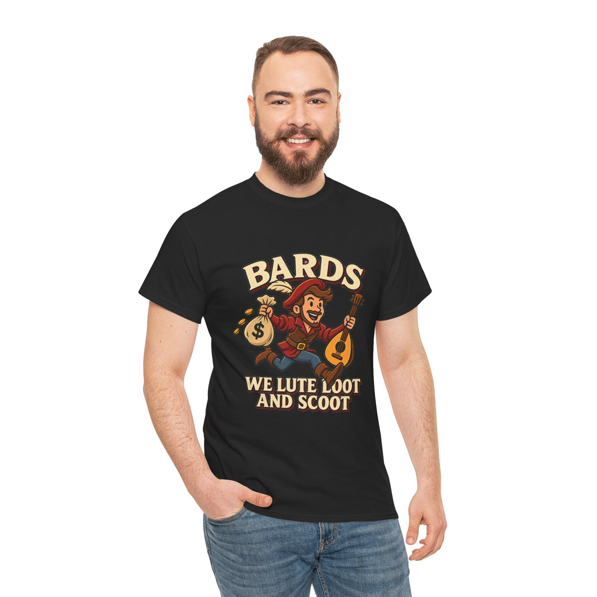 Bards: We Lute, Loot & Scoot T-Shirt | Funny Fantasy RPG Tee