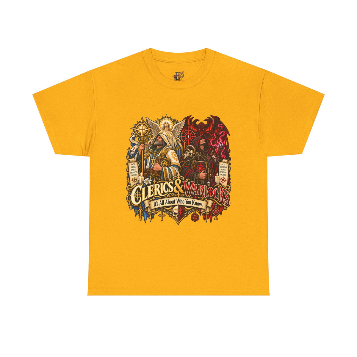 Clerics & Warlocks T-Shirt – Funny Fantasy RPG Gamer Tee | It’s All About Who You Know