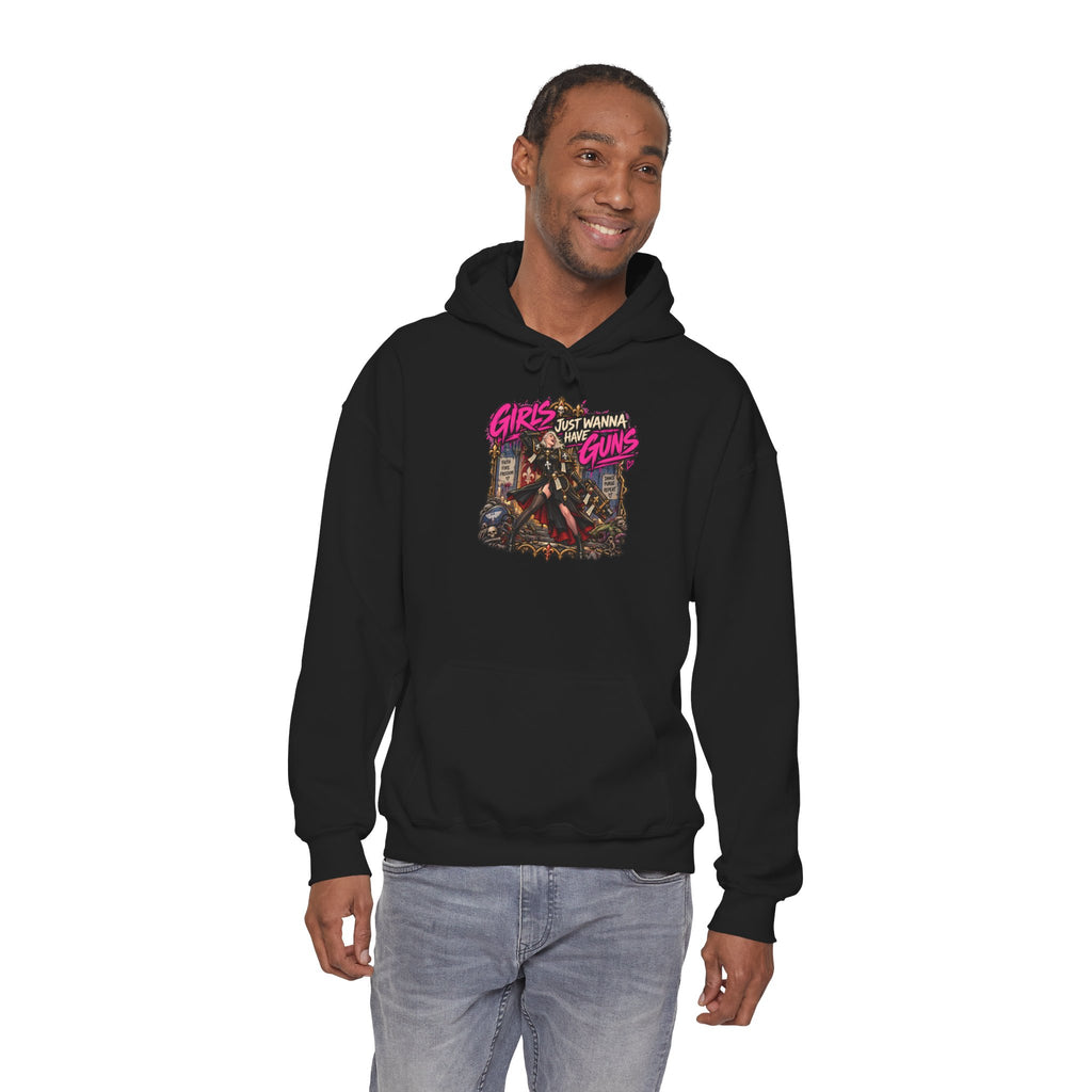Girls Just Wanna Have Guns Hoodie | Grimdark Battle Sisters Warhammer Inspired Sci-Fi Parody Pullover