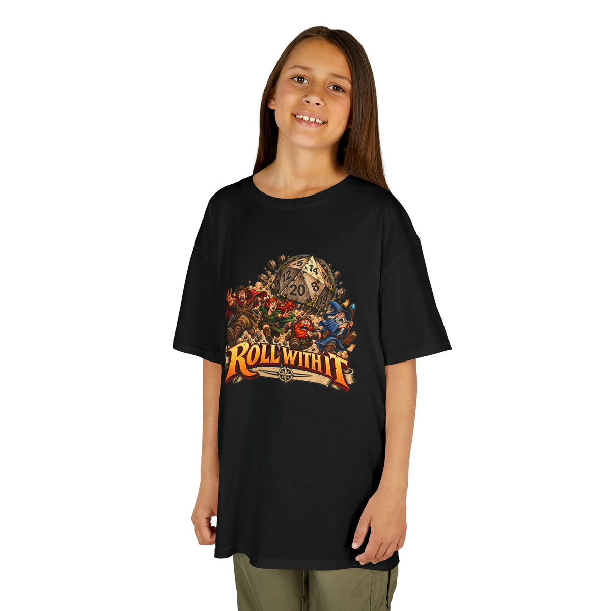 Kids Roll With It D20 T-Shirt | Funny Tabletop RPG Dice Tee