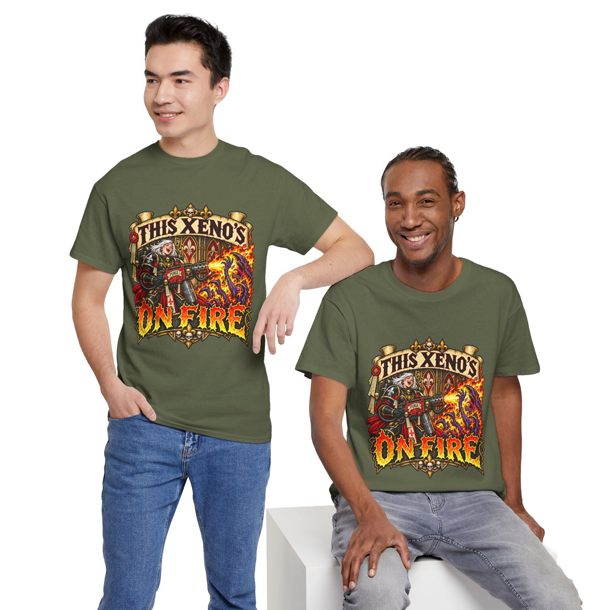This Xeno’s on Fire Shirt – Sisters of Battle Music Parody Tee