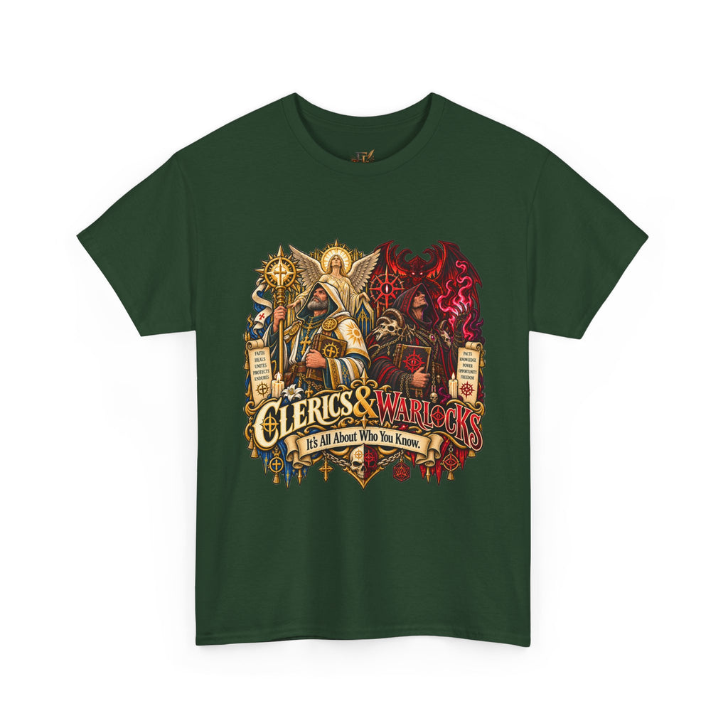 Clerics & Warlocks T-Shirt – Funny Fantasy RPG Gamer Tee | It’s All About Who You Know