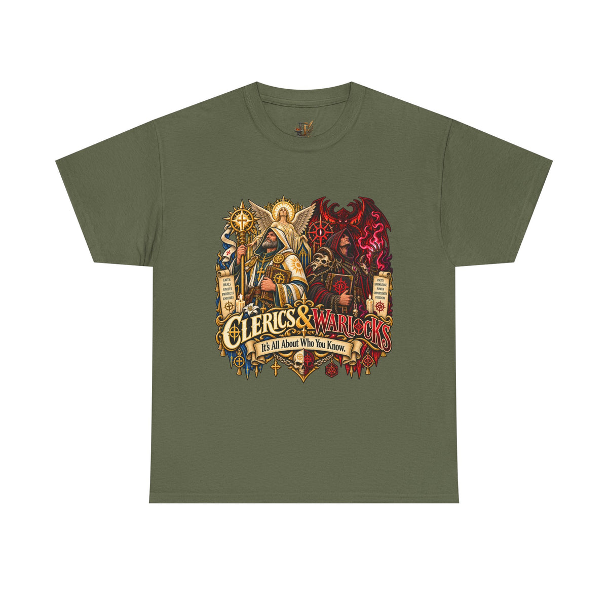 Clerics & Warlocks T-Shirt – Funny Fantasy RPG Gamer Tee | It’s All About Who You Know