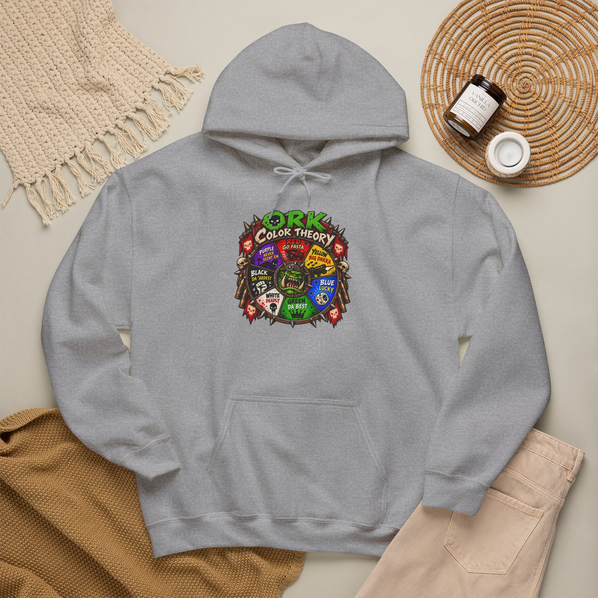 Ork Color Theory Hoodie | Funny Grimdark Warhammer Inspired Tabletop Gaming Graphic Pullover
