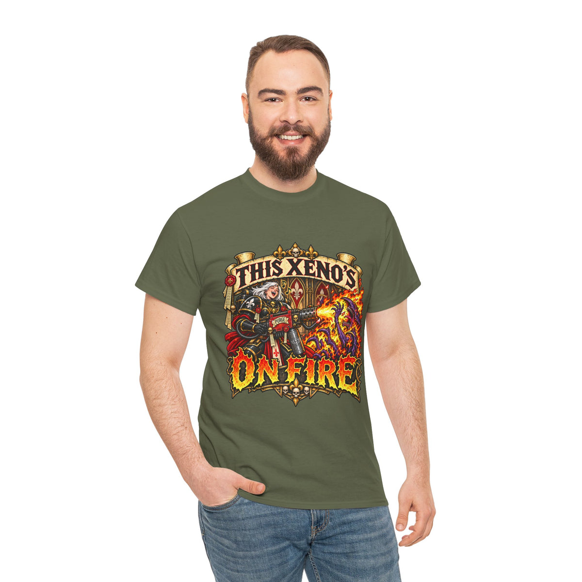 This Xeno’s on Fire Shirt – Sisters of Battle Music Parody Tee
